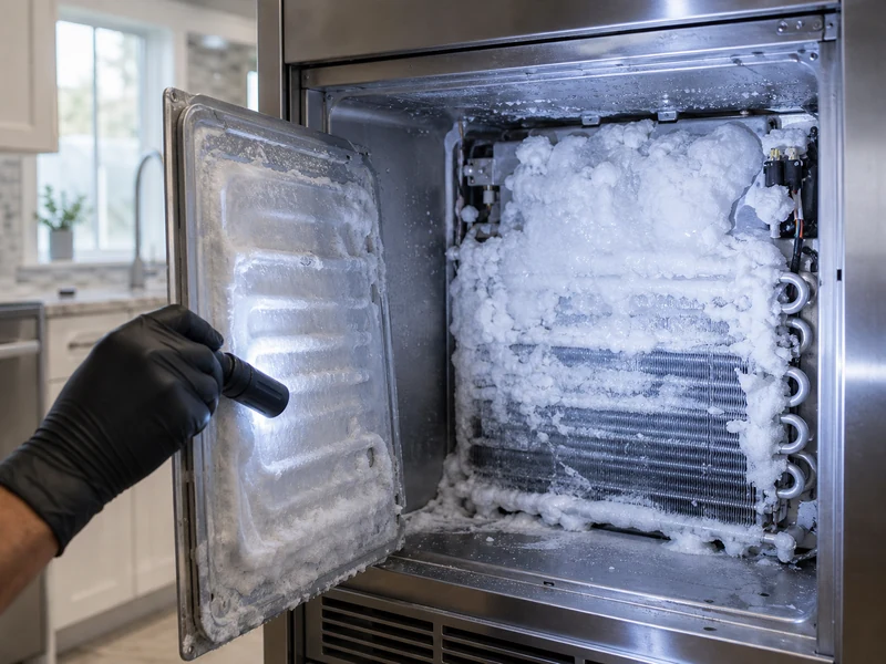 Frost-coated evaporator panel inside a Sub-Zero freezer compartment in a Neptune Beach kitchen