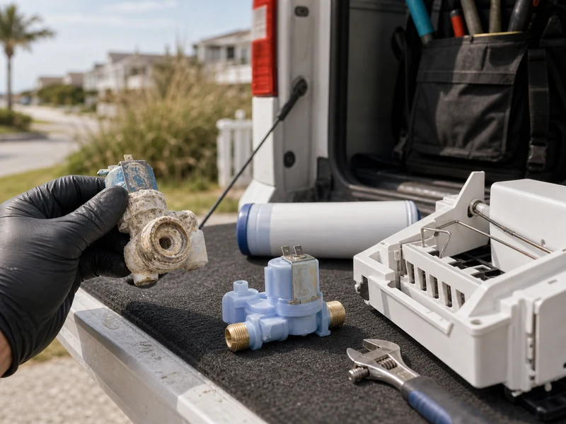 Scale-clogged Sub-Zero water inlet valve being replaced on the tailgate workbench in Atlantic Beach